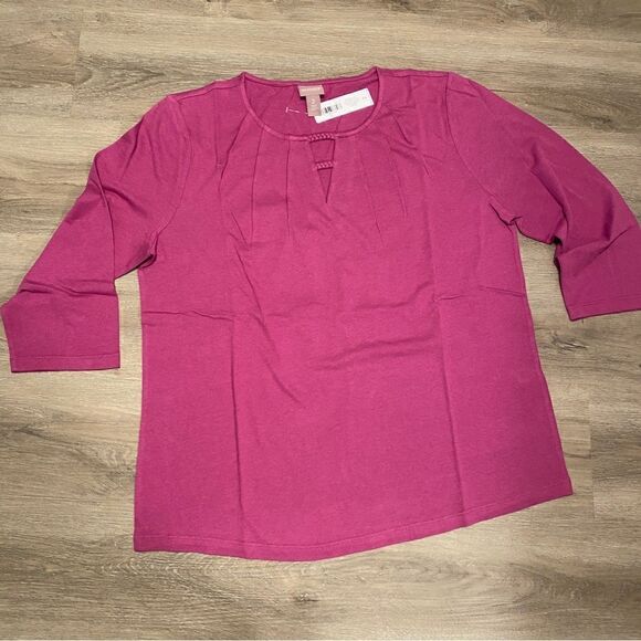 CHICO’S BRAIDED TRIM PLEATED 3/4 SLEEVE SHIRTTAIL TEE WILD MULBERRY 2 =L… - Picture 5 of 8